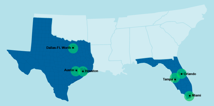 PolymerOutdoor Service Area Map - Dallas, Houston, Austin, Orlando, Tampa, Miami