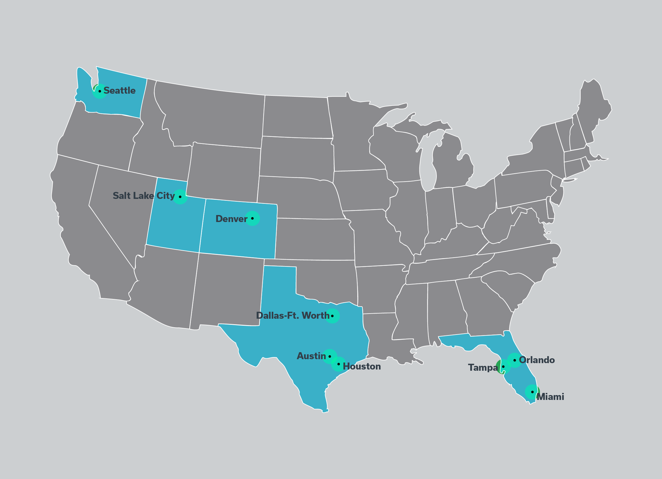 PolymerOutdoor Coverage Area - Dallas/Ft. Worth, Houston, Austin, Tampa, Orlando, Miami, Denver, Salt Lake City, Seattle